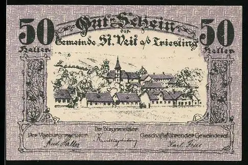 Notgeld St. Veit a. d. Triesting 1920, 50 Heller, Dorflandschaft und Text über Ausgabe von Gutscheinen