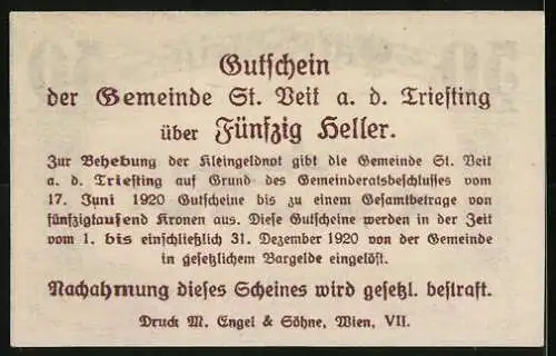 Notgeld St. Veit a. d. Triesting 1920, 50 Heller, Dorflandschaft und Text über Ausgabe von Gutscheinen