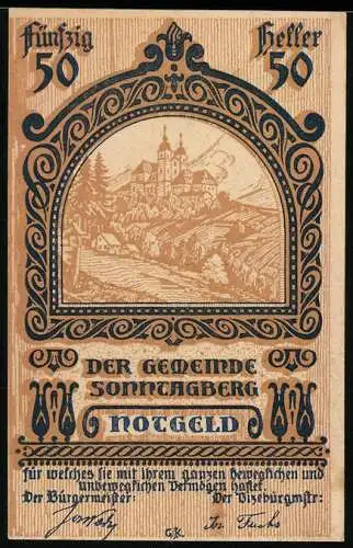 Notgeld Sonntagberg 1920, 50 Heller, Burg und Landschaftsmotiv