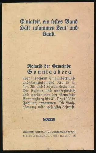 Notgeld Sonntagberg 1920, 50 Heller, Burg und Landschaftsmotiv