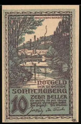 Notgeld Sonntagberg 1920, 10 Heller, Industrielandschaft und Flussansicht