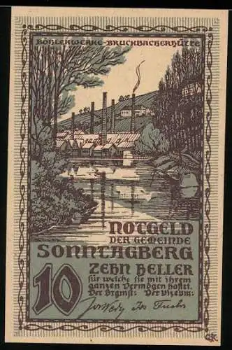 Notgeld Sonntagberg 1920, 10 Heller, Böhlerwerke an Flussufer mit Hütten und Schornsteinen