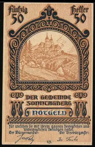 Notgeld Sonntagberg 1920, 50 Heller, Landschaftsansicht mit Kirche und Dorf