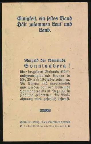 Notgeld Sonntagberg 1920, 50 Heller, Landschaftsansicht mit Kirche und Dorf