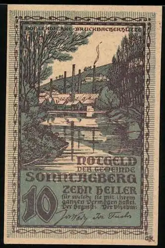 Notgeld Sonntagberg 1920, 10 Heller, Landschaft mit Fabrik und Fluss