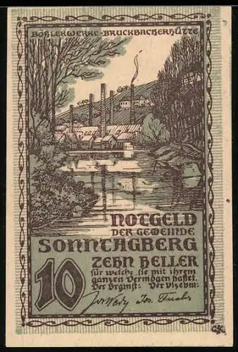 Notgeld Sonntagberg 1920, 10 Heller, Landschaft mit Fabrik und Fluss, Spruch auf Rückseite