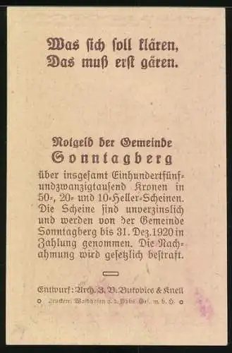 Notgeld Sonntagberg 1920, 10 Heller, Landschaft mit Fabrik und Fluss, Spruch auf Rückseite
