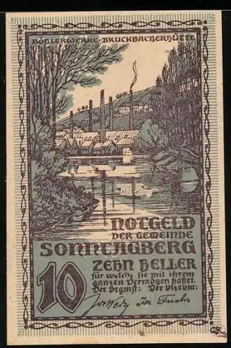 Notgeld Sonntagberg 1920, 10 Heller, Industrielandschaft mit Fluss und Fabrikgebäude