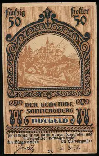 Notgeld Sonntagberg 1920, 50 Heller, Schloss auf Hügel, dekorativer Rahmen