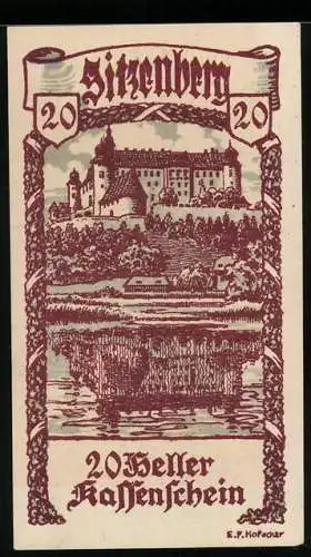 Notgeld Sitzenberg 1920, 20 Heller, Schlossansicht mit Wasserreflexion und dekorativer Schriftrolle