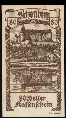 Notgeld Sitzenberg 1920, 80 Heller, Schlossansicht und dekorative Schriftrolle