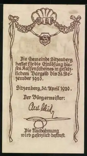 Notgeld Sitzenberg 1920, 80 Heller, Schlossansicht und dekorative Schriftrolle