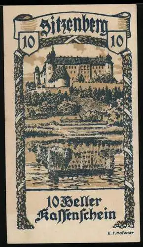 Notgeld Sitzenberg 1920, 10 Heller, Schloss und Landschaftsmotiv, mit Siegel und Unterschrift des Bürgermeisters