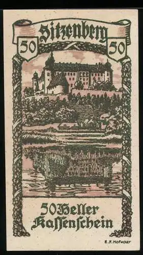 Notgeld Sitzenberg 1920, 50 Heller, Schlossansicht und Inschrift mit Bürgermeisterunterschrift