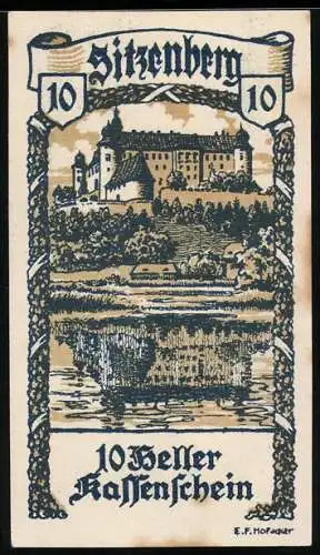 Notgeld Sitzenberg 1920, 10 Heller, Burgansicht und Teichlandschaft, mit Wappen und Unterschrift des Bürgermeisters