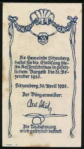 Notgeld Sitzenberg 1920, 10 Heller, Burgansicht und Teichlandschaft, mit Wappen und Unterschrift des Bürgermeisters