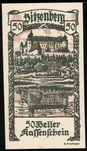 Notgeld Sitzenberg 1920, 50 Heller, Burg mit Landschaft und Fluss, dekorative Bordüre