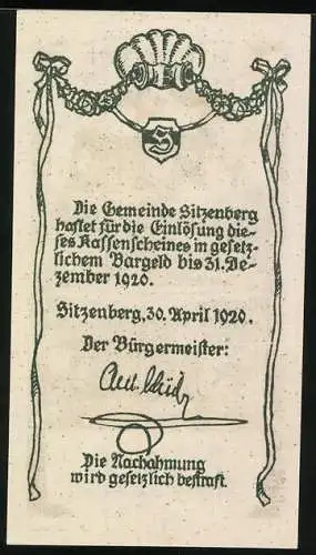 Notgeld Sitzenberg 1920, 50 Heller, Burg mit Landschaft und Fluss, dekorative Bordüre