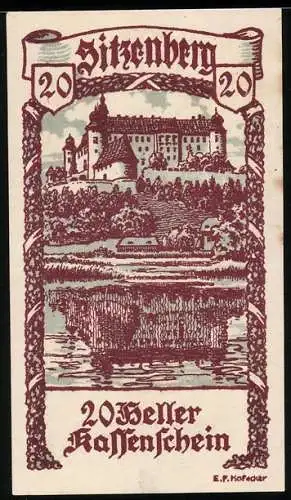 Notgeld Sitzenberg 1920, 20 Heller, Schloss mit Landschaftsmotiv und Siegel