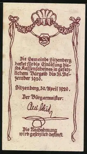 Notgeld Sitzenberg 1920, 20 Heller, Schloss mit Landschaftsmotiv und Siegel