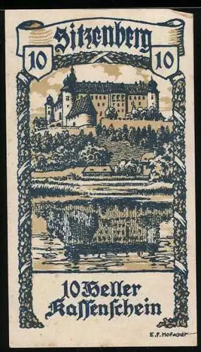 Notgeld Sitzenberg 1920, 10 Heller, Schlossansicht mit Seeufer und dekorativem Rahmen