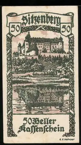 Notgeld Sitzenberg 1920, 50 Heller, Schlossansicht und Gemeindeinschrift mit Siegel und Unterschrift des Bürgermeisters