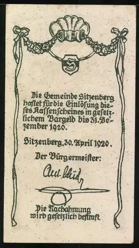 Notgeld Sitzenberg 1920, 50 Heller, Schlossansicht und Gemeindeinschrift mit Siegel und Unterschrift des Bürgermeisters