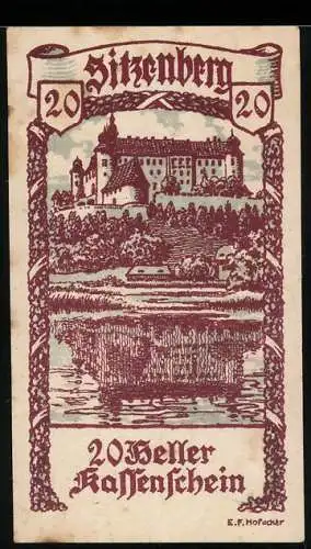 Notgeld Sitzenberg 1920, 20 Heller, Burgansicht mit Landschaft und Wasserreflexionen