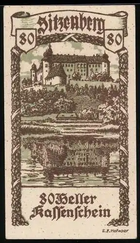 Notgeld Sitzenberg 1920, 80 Heller, Burg mit Landschaft und Wasserreflexionen