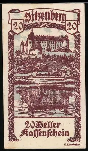 Notgeld Sitzenberg 1920, 20 Heller, Schlossansicht mit Wasserlandschaft und Dekorband mit Wappen