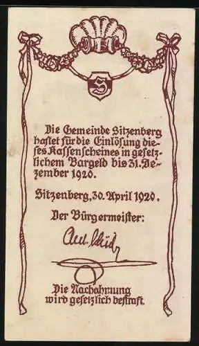 Notgeld Sitzenberg 1920, 20 Heller, Schlossansicht mit Wasserlandschaft und Dekorband mit Wappen