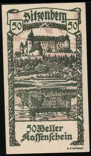 Notgeld Sitzenberg 1920, 50 Heller, Burgansicht und Landschaftsmotiv