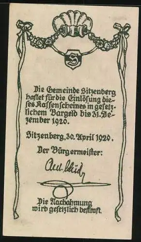 Notgeld Sitzenberg 1920, 50 Heller, Burgansicht und Landschaftsmotiv