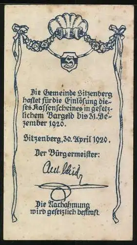 Notgeld Sitzenberg 1920, 10 Heller, Schlossansicht, Gemeindehaftung bis 31. Dezember 1920