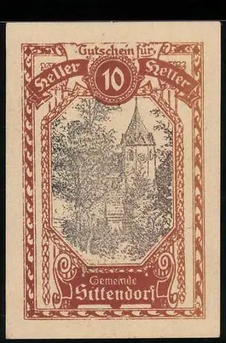 Notgeld Sittendorf, 10 Heller, Kirchturm-Motiv, Gemeinde-Gutschein