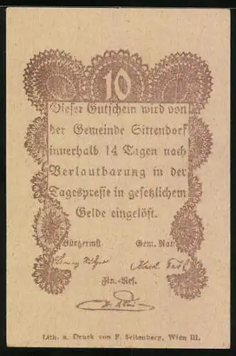 Notgeld Sittendorf, 10 Heller, Kirchturm-Motiv, Gemeinde-Gutschein