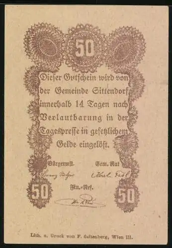 Notgeld Sittendorf, 50 Heller, Kirche und Bäume, ohne Jahresangabe