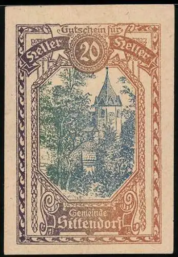 Notgeld Sittendorf, 20 Heller, Kirchturm-Motiv und Schriftzug-Garantie