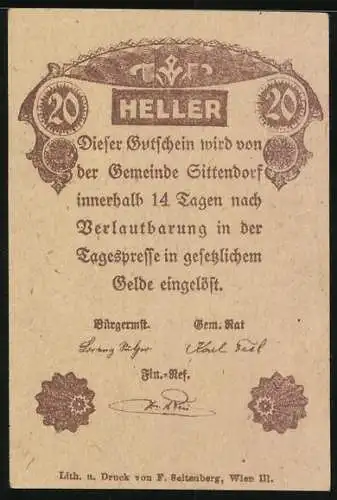 Notgeld Sittendorf, 20 Heller, Kirchturm-Motiv und Schriftzug-Garantie