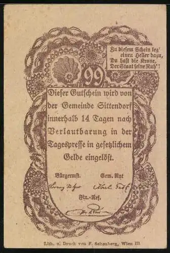 Notgeld Sittendorf, 99 Heller, Kirchturm und Bäume, 1917