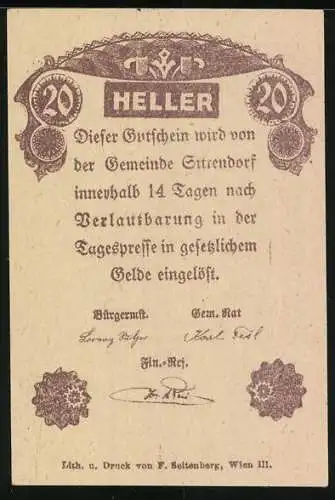 Notgeld Sittendorf, 20 Heller, Kirche und Bäume Motiv, Seriennummer und Wappen vorhanden