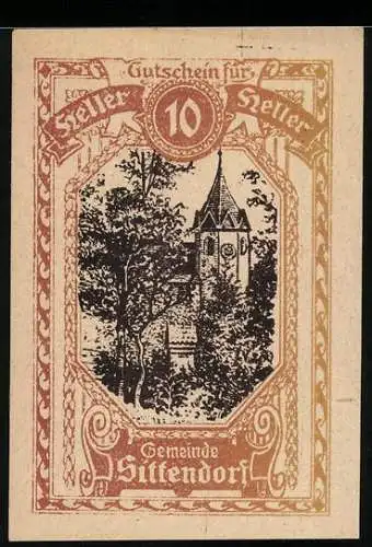 Notgeld Sittendorf, 10 Heller, Kirchturm-Motiv und Textumrahmung