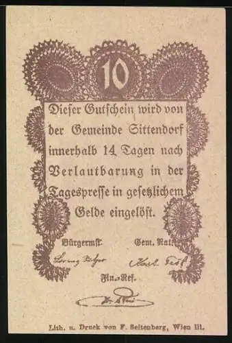 Notgeld Sittendorf, 10 Heller, Kirchturm-Motiv und Textumrahmung