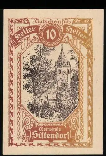 Notgeld Sittendorf, 10 Heller, Kirchturm-Motiv und Textverzierung