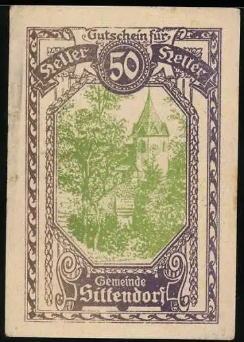 Notgeld Sittendorf, 50 Heller, mit Kirchturm-Motiv und Blumenornamenten