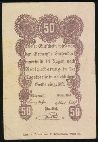 Notgeld Sittendorf, 50 Heller, mit Kirchturm-Motiv und Blumenornamenten