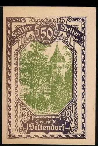 Notgeld Sittendorf, 50 Heller, Turm und Bäume, verzierte Rückseite mit Text und Signaturen