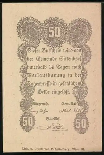 Notgeld Sittendorf, 50 Heller, Turm und Bäume, verzierte Rückseite mit Text und Signaturen