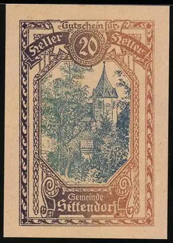 Notgeld Sittendorf, 20 Heller, Kirchturm und Waldlandschaft