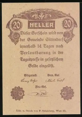 Notgeld Sittendorf, 20 Heller, Kirchturm und Waldlandschaft